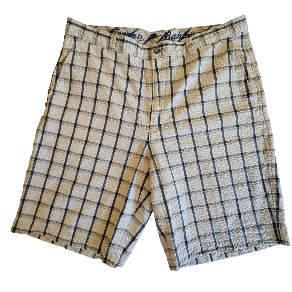 Tommy Bahama Shorts Mens 38 Beige Blue Plaid Seersucker Cotton Flat Front Casual